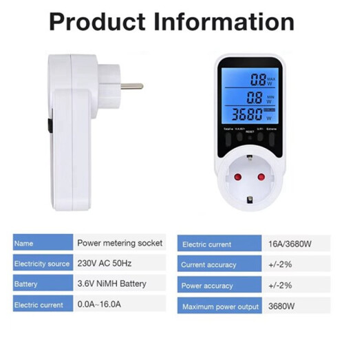 Digital Wattmeter AC  Socket Power Meter Electricity Usage Monitor Socket Voltage Meter with Backlight EU PLUG 2