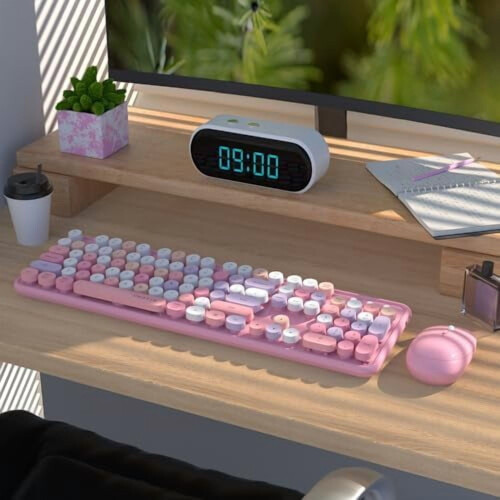 Ensemble clavier et souris sans fil rose rétro 2,4 GHz 1