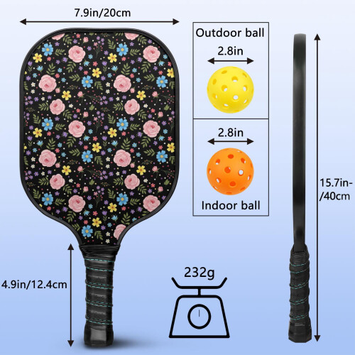 Σετ κουπιών Pickleball από fiberglass με λουλούδια και 2 μπάλες και τσάντα – Συμβατό με 2