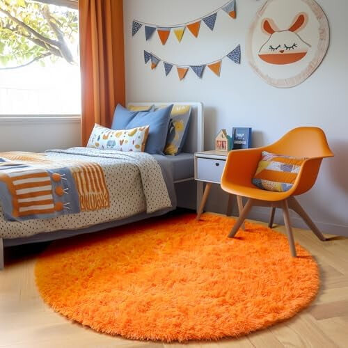 Orange Round 5ft Fluffy Shag Rug with Rubber Backing 1