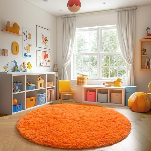 Orange Round 5ft Fluffy Shag Rug with Rubber Backing 2