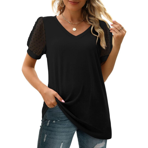 Γυναικεία Casual T-shirts με V λαιμόκοψη, Ελβετικές, Πουά, Φουσκωτές, Διαφανείς Μπλούζες 1
