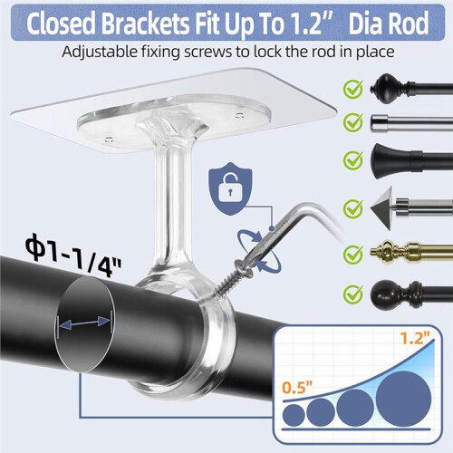 10 Pack No Drill Ceiling Mount Rod Brackets, Heavy Duty Self Adhesive Holders, Adjustable Hooks Hanging
