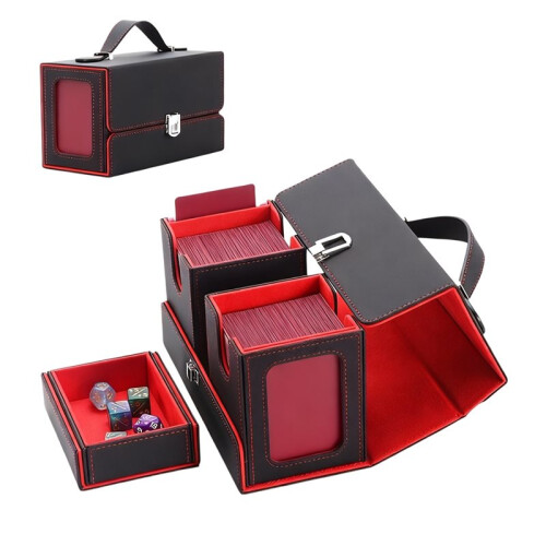 Card Deck Box with Handle Magnetic Card Storage Box Top Side-Loading Deck Case Game Cards Box Red+Black 2