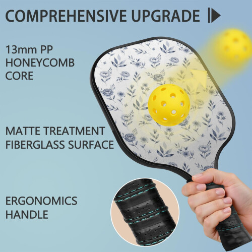 Σετ κουπιών Pickleball από fiberglass με λουλούδια και 2 μπάλες και τσάντα – Συμβατό με 1