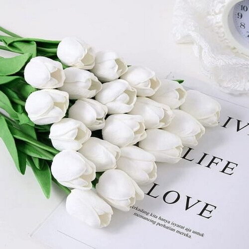 10 White Artificial Tulips 33 cm PU Stems 2