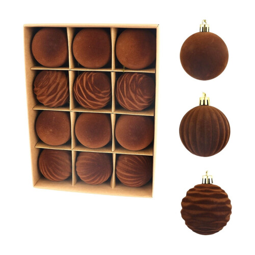 Flocked Christmas Balls Brown 12-Piece 1
