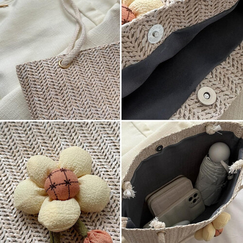 Strandtaske i strå til kvinder med blomsterdesign 2