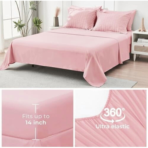 Σετ παπλωμάτων King Size Pink, Σετ κλινοσκεπασμάτων Seersucker 7 τεμαχίων με σεντόνια, 1