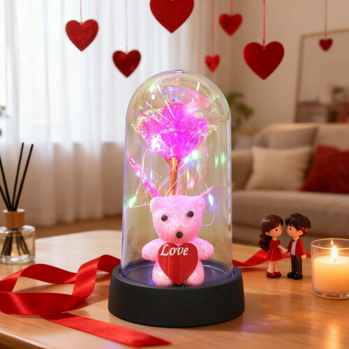 Preserved Rose Teddy Bear Ornament with LED Light 6.1x3.35 2