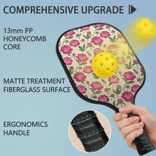 Σετ κουπιών Pickleball με κουπιά από fiberglass σε σχέδια λουλουδιών, 2 μπάλες και τσάντα – 1