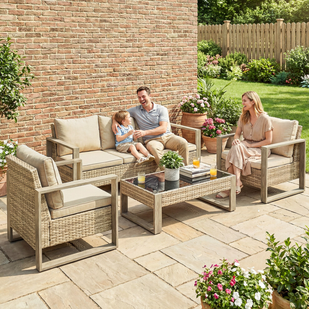 Outsunny 4 Seater Rattan Garden Furniture Set With Non-Slip Mats, Khaki