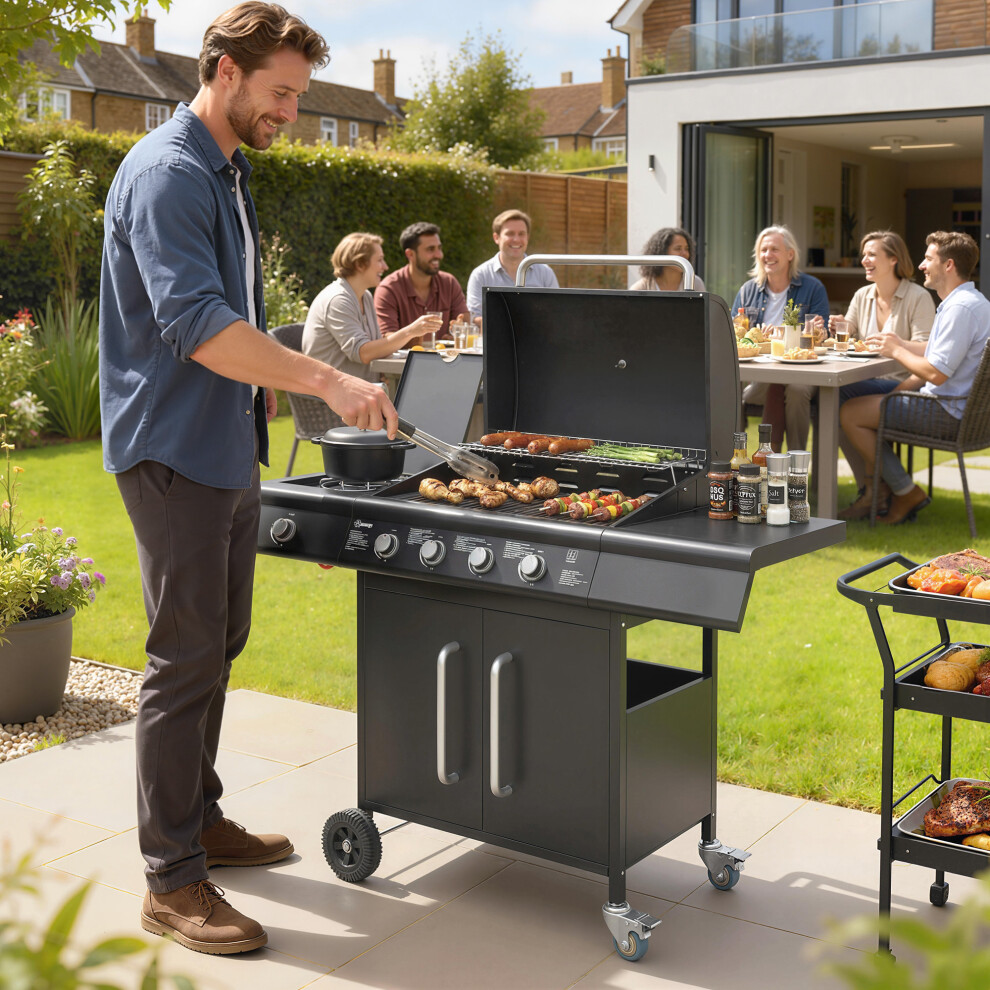 Outsunny Burner Gas Bbq Grill, Gas Barbecue Trolley With Side Table, Black