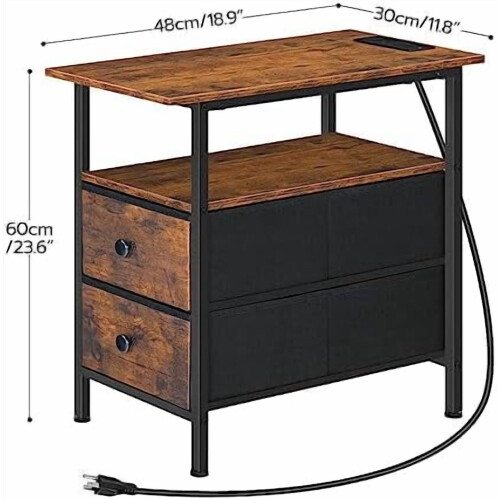 Narrow End Table with Charging Station Rustic Brown Black 2 2