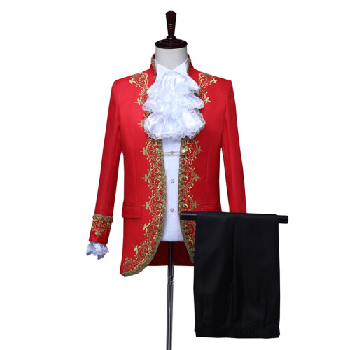 Men's Steampunk Tailcoat with Gold Embroidery Red 1