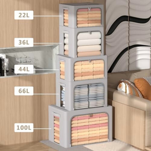 3-Pack Foldable Frame Storage Boxes, Oxford Fabric with Clear Window & Handles, 22L Each, Grey 1