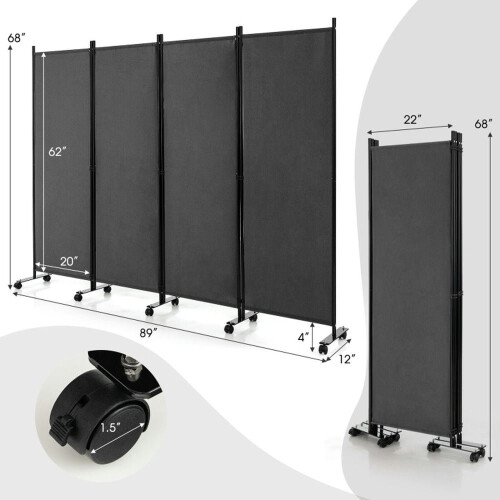 Room Separator, Room Divider Panel,4-Panel Folding Room Divider 6 Feet Rolling Privacy Screen with Lockable Wheels-Gray 1