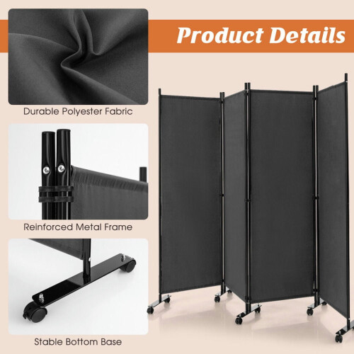 Room Separator, Room Divider Panel,4-Panel Folding Room Divider 6 Feet Rolling Privacy Screen with Lockable Wheels-Gray 2