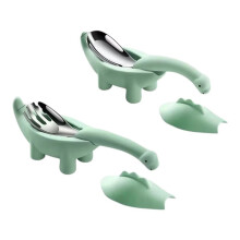 Dinosaur Shaped Infant Food Feeding Spoon Fork Child Baby Cartoon Stainless Steel Tableware Set Utensil Green