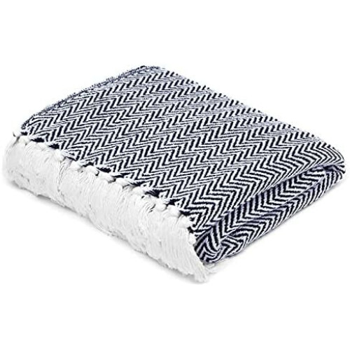 Cotton Throw Blanket Navy White Herringbone 50x60 1