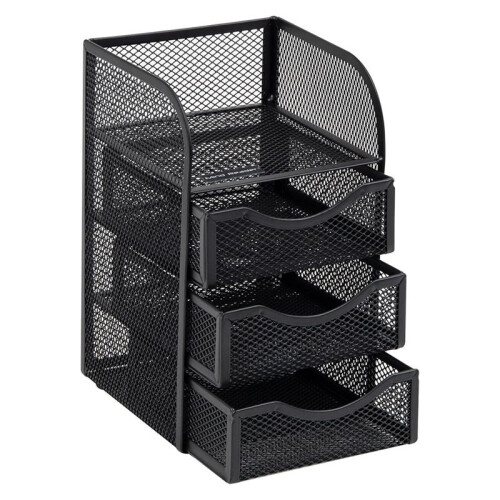 Desktop Accessory Storage with Drawer, Paper Binder Clip Basket, Workspace, Office, Metal Mesh