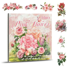 Blumenaufkleber, Scrapbooking-Zubehör für Junk Journals für Erwachsene, 50 Blatt, Transparente Aufkleber und Materialpapier, Rosa