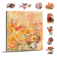 Flower Sticker, Scrapbooking Supplies for Adult Junk Journal 50 Sheets, Transparent Stickers and Material Paper Red