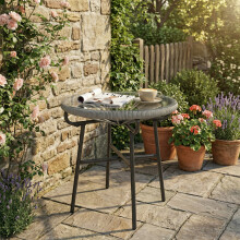 Outsunny Rattan Side Table w/ Tempered Glass Tabletop, Light Grey