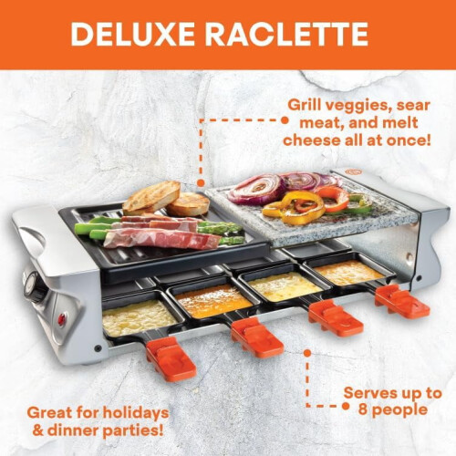 Διπλή ψησταριά Raclette με 8 τηγάνια, αντικολλητική πλάκα & 1