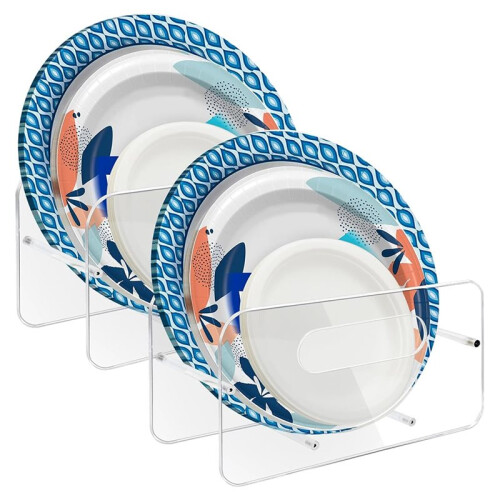 Acrylic Plastic Plate Holders,Disposable Plates Storage Organizer Rack for Cabinet,Countertop,Counter,Kitchen, 2 Pack 1