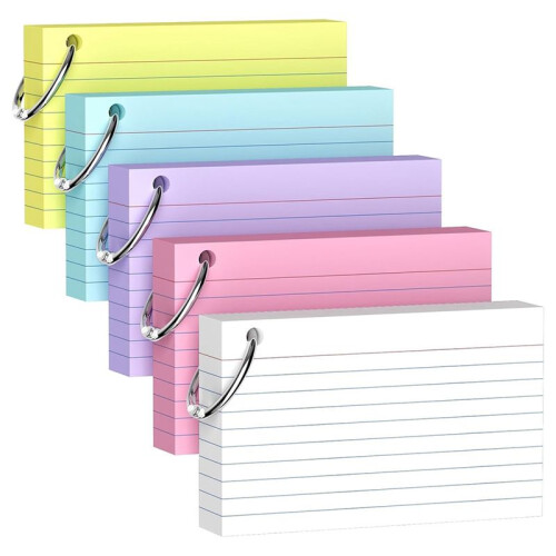 Pacote com 250 Fichas Coloridas de 3x5 Polegadas com Chaveiro - Peso Pesado de 180 G/M² para Estudo e Organização Eficazes