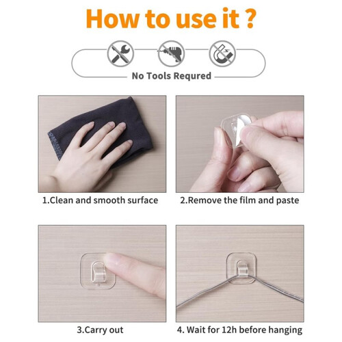 50  Light Hooks with Adhesive Strips:Indoor Clear Small String Light Clips Damage Free-Plastic Wall Hook for Hanging 1