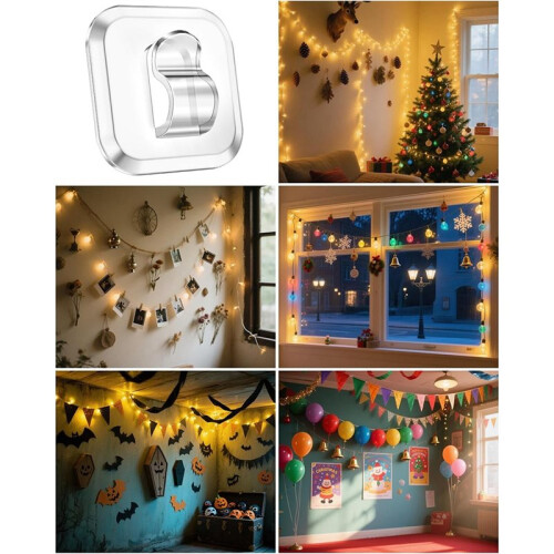 50  Light Hooks with Adhesive Strips:Indoor Clear Small String Light Clips Damage Free-Plastic Wall Hook for Hanging 1