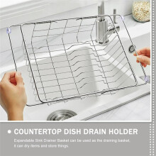 Escurreplatos Extensible de Acero Inoxidable con Asa, Ideal para Encimeras de Cocina y Lavado de Verduras.