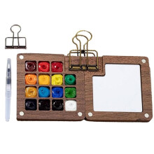 Travel Watercolor Set Palette with Clip, Portable Wooden Grid Paint Box for Kids