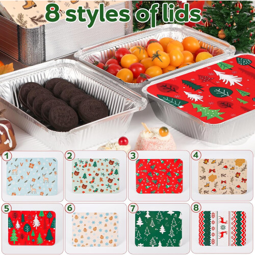 48 Christmas Foil Containers with Lids, 1000ml, 8 Festive 2