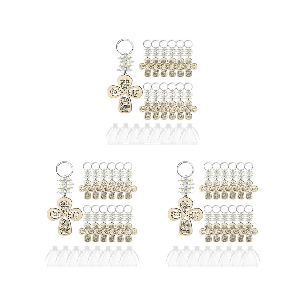 60Pcs Baptism Favor Keychain  Wooden Key Ring Christening Wood Design Key Ring with Bag for First Communion