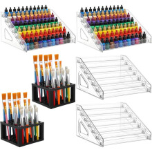 4 Pcs Acrylic Paint Organizer Rack with 2 Pcs Brush Holder, 7 Layer Acrylic Paint Tube Organizer, for Versatile Storage