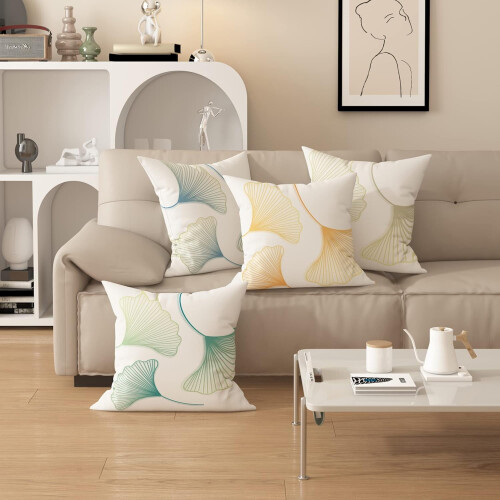 Μαξιλαροθήκη Nordic Cotton-Linen με εκτύπωση φύλλων Ginkgo, αόρατο φερμουάρ, αφαιρούμενη και 1