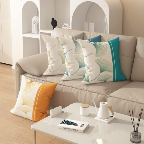 Μαξιλαροθήκη Nordic Cotton-Linen με εκτύπωση φύλλων Ginkgo, αόρατο φερμουάρ, αφαιρούμενη και 2
