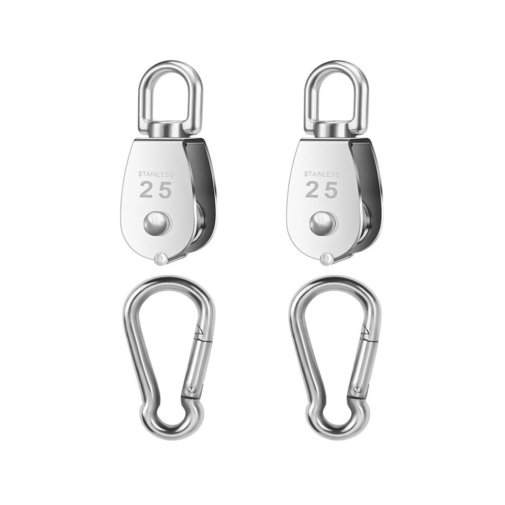 2 Pcs 304 Stainless Steel M25 Silver Single Pulley Block Wire Rope Hanging Wire Towing Wheel With 2 Pcs Spring Snap Hook 4711528110060