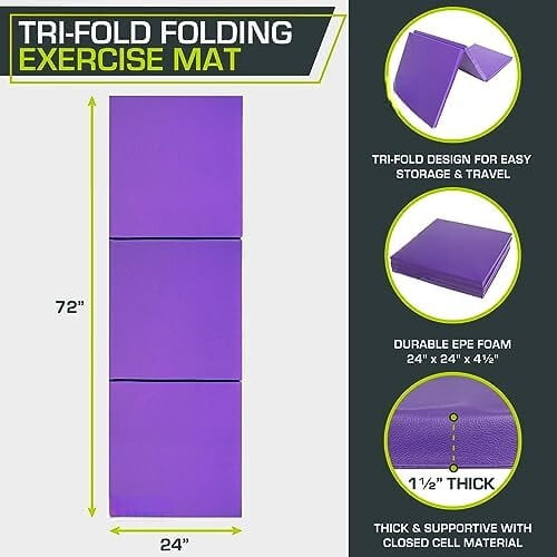 ProSource Tri-Fold Folding Thick Exercise Mat 6'x2' with Carrying Handles for MMA, Gymnastics, Stretching, Core Workouts 1