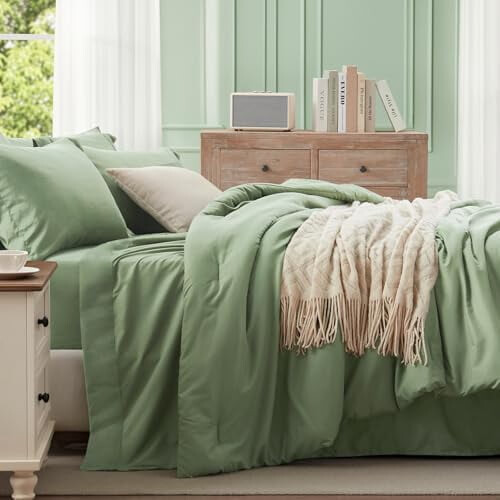 Σετ παπλωμάτων Sage Green Twin 5 τεμαχίων: Πάπλωμα, Ψεύτικη, Μαξιλαροθήκη, Επίπεδο & 2