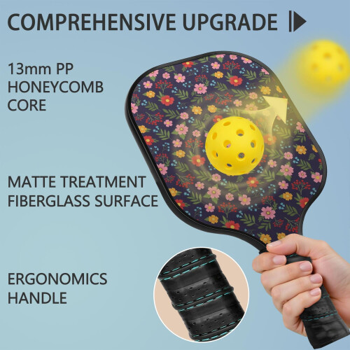 Σετ κουπιών Pickleball με κουπιά από fiberglass σε σχέδια λουλουδιών, 2 μπάλες και τσάντα – 1