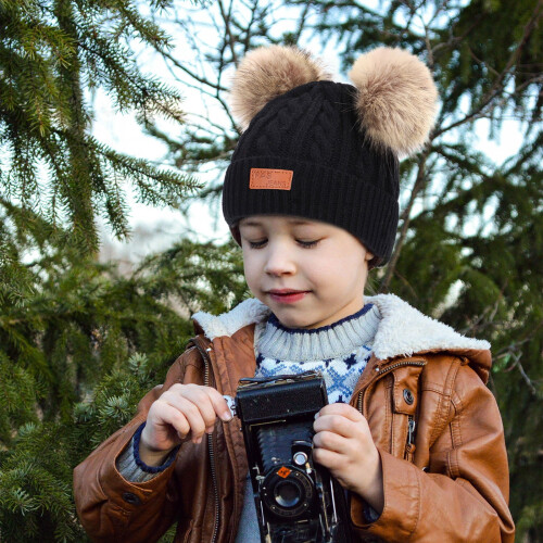 Παιδικό χειμωνιάτικο καπέλο Beanie ζεστό πλεκτό χοντρό καπέλο σκι με χνούδι και 1