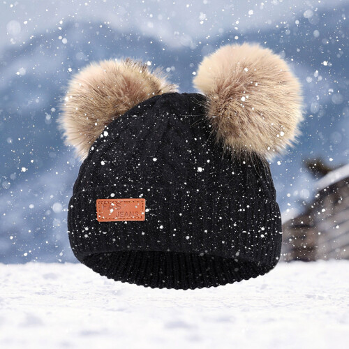 Παιδικό χειμωνιάτικο καπέλο Beanie ζεστό πλεκτό χοντρό καπέλο σκι με χνούδι και 2