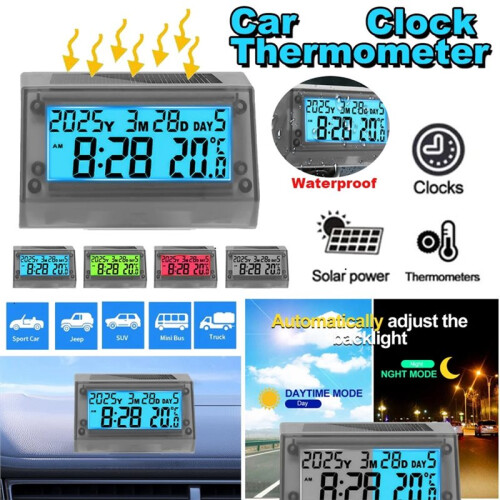 Solar Motorcycle Digital Clock with Date Week Temperature LCD Backlit Display Waterproof Thermometer with Stand 1