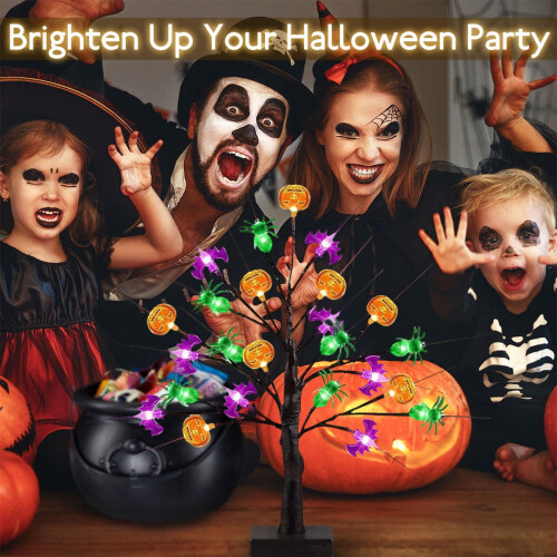 Μαύρο δέντρο για το Halloween με φωτάκι κολοκύθας, νυχτερίδα, αράχνη, USB/μπαταρία, 1