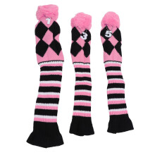 3er-Set gestrickte Golfschlägerabdeckungen Pompon Pink/Schwarz