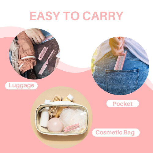 Conjunto de 2 mini pentes dobráveis para bolsa e viagem, com duas cabeças e escova para mulheres (rosa e roxo) 2